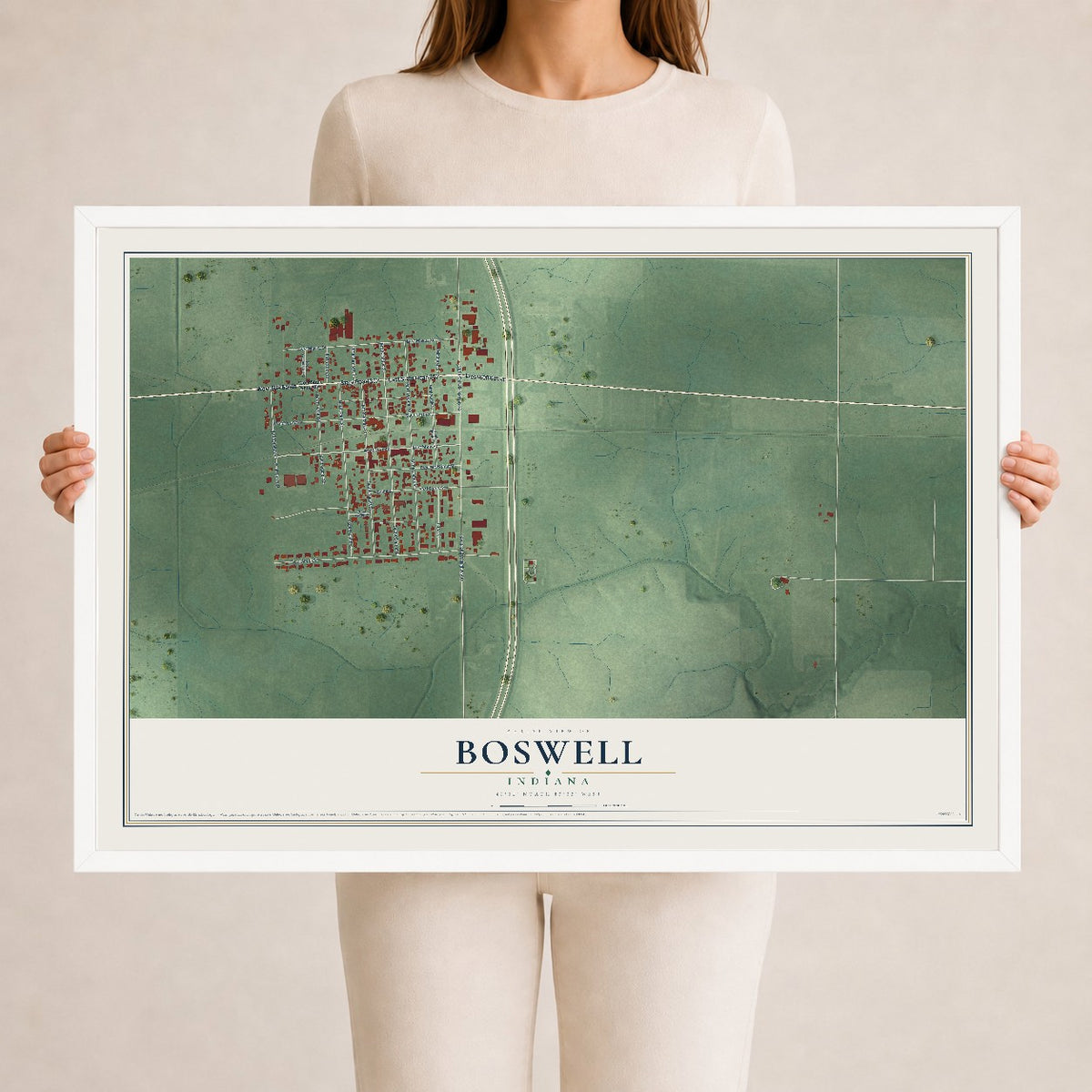 Map of Boswell, Indiana, 24 x 36 inch print in a white wood frame