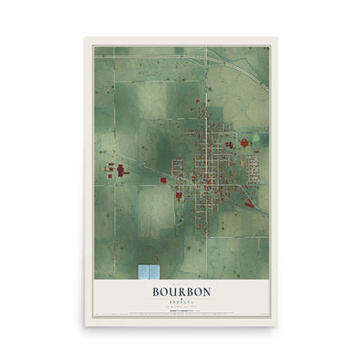 Map of Bourbon, Indiana, 12 x 18 inch unframed archival matte print