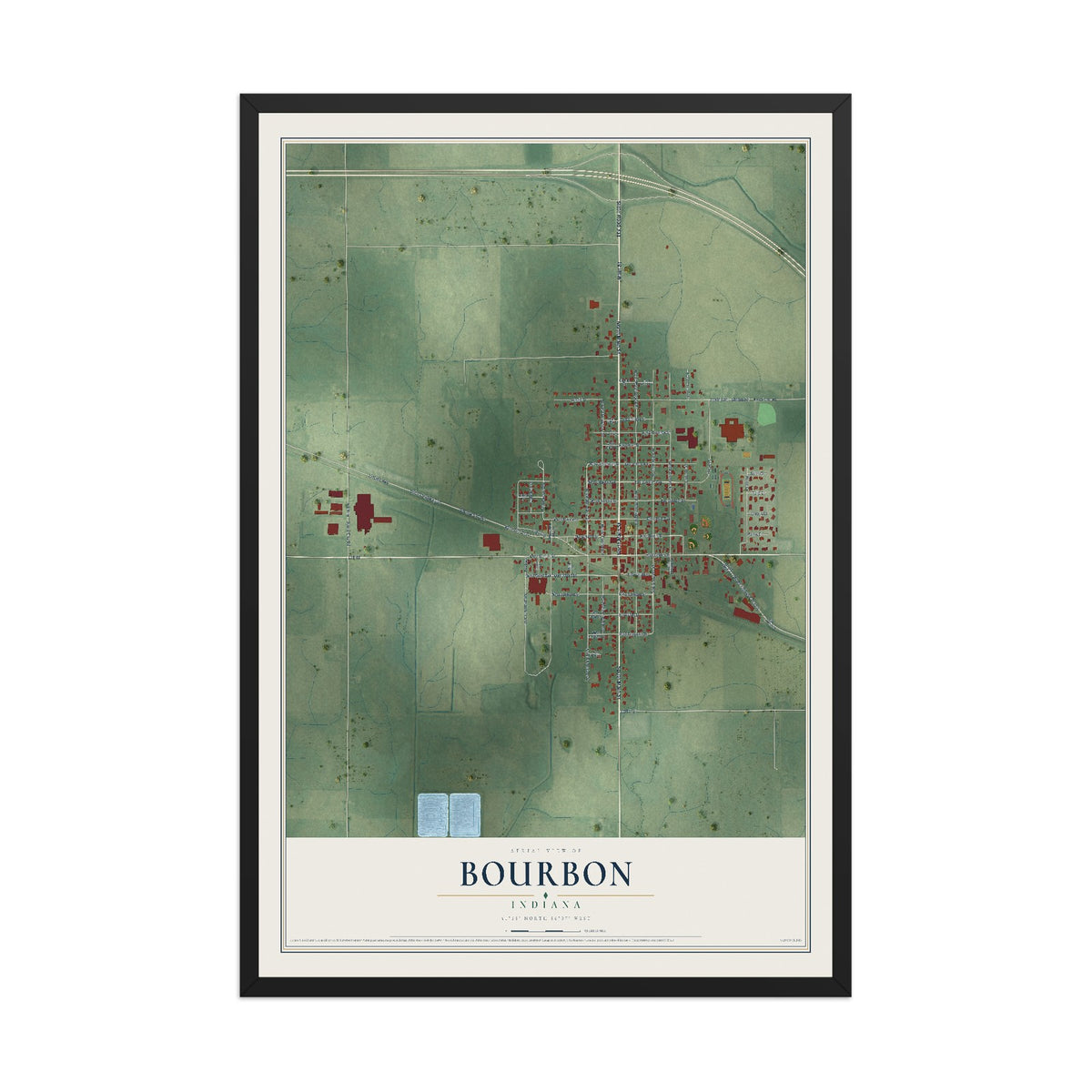 Map of Bourbon, Indiana, 12 x 18 inch print in a black wood frame