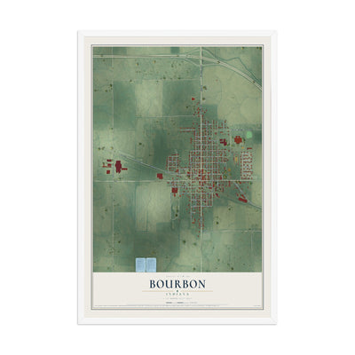 Map of Bourbon, Indiana, 12 x 18 inch print in a white wood frame