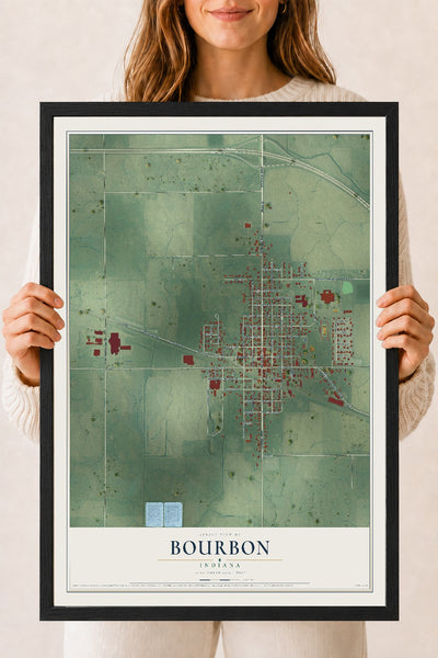 Map of Bourbon, Indiana, 18 x 24 inch print in a black wood frame