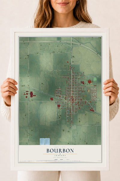 Map of Bourbon, Indiana, 18 x 24 inch print in a white wood frame