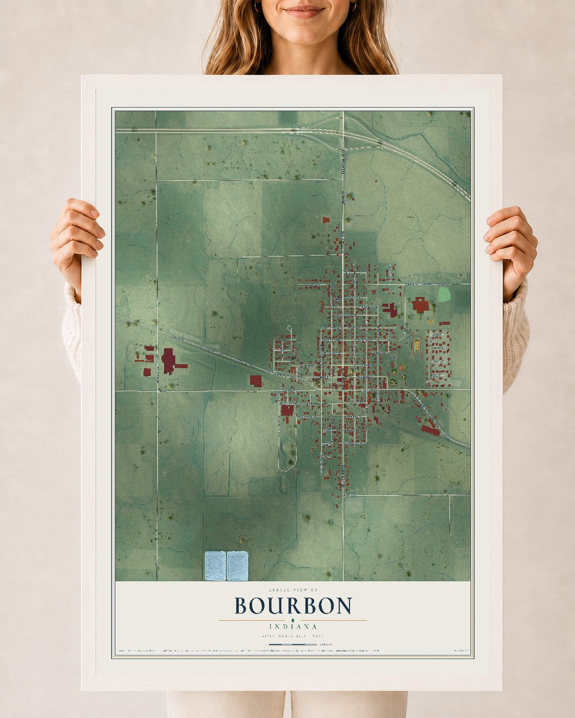 Map of Bourbon, Indiana, 24 x 36 inch print in a white wood frame