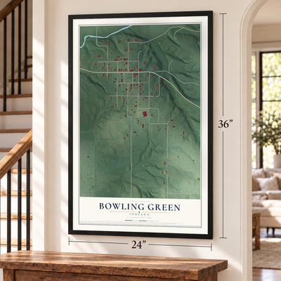 Bowling Green, Indiana map, 24 x 36 inch print in a black frame by a staircase