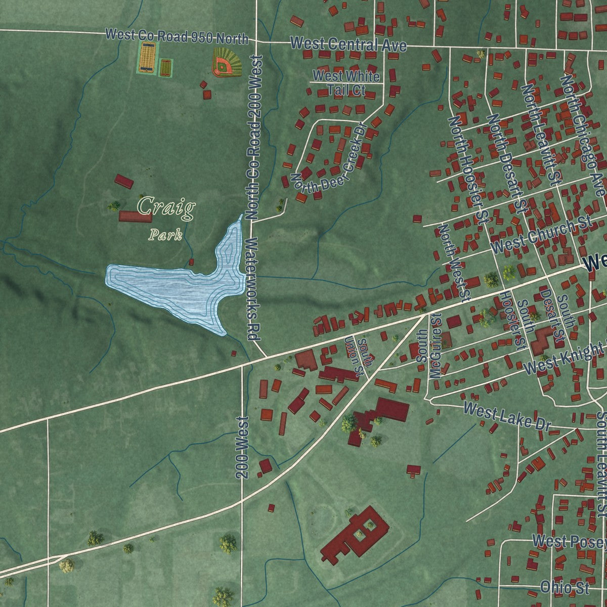 Second close-up of the map of Brazil, Indiana print showing more streets and buildings