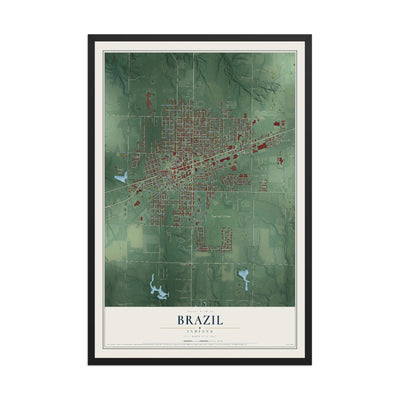 Map of Brazil, Indiana, 12 x 18 inch print in a black wood frame