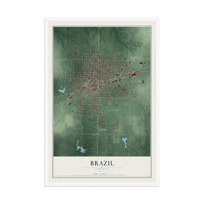 Map of Brazil, Indiana, 12 x 18 inch print in a white wood frame