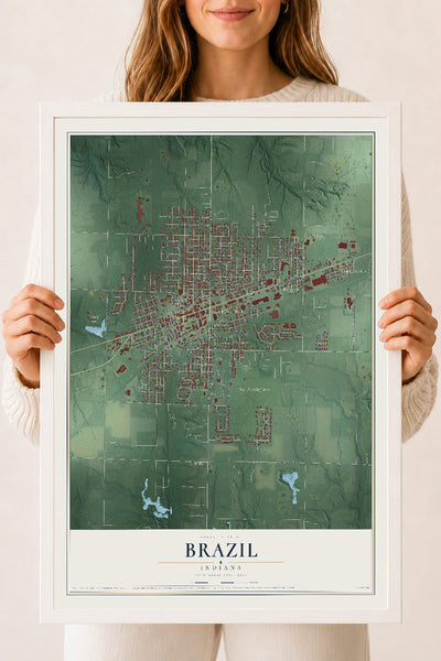 Map of Brazil, Indiana, 18 x 24 inch print in a white wood frame