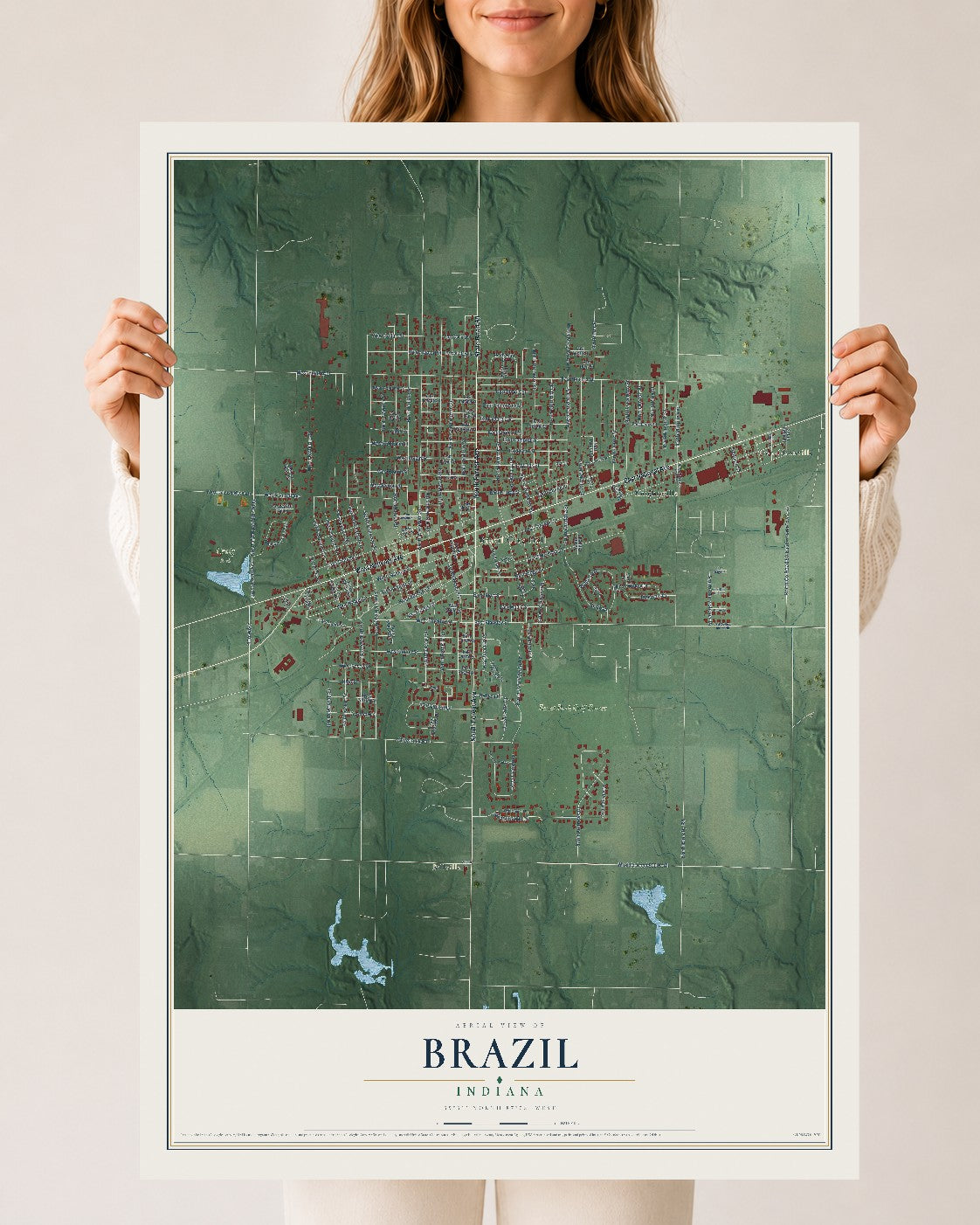 Map of Brazil, Indiana, 24 x 36 inch unframed archival matte print