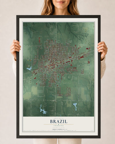 Map of Brazil, Indiana, 24 x 36 inch print in a black wood frame