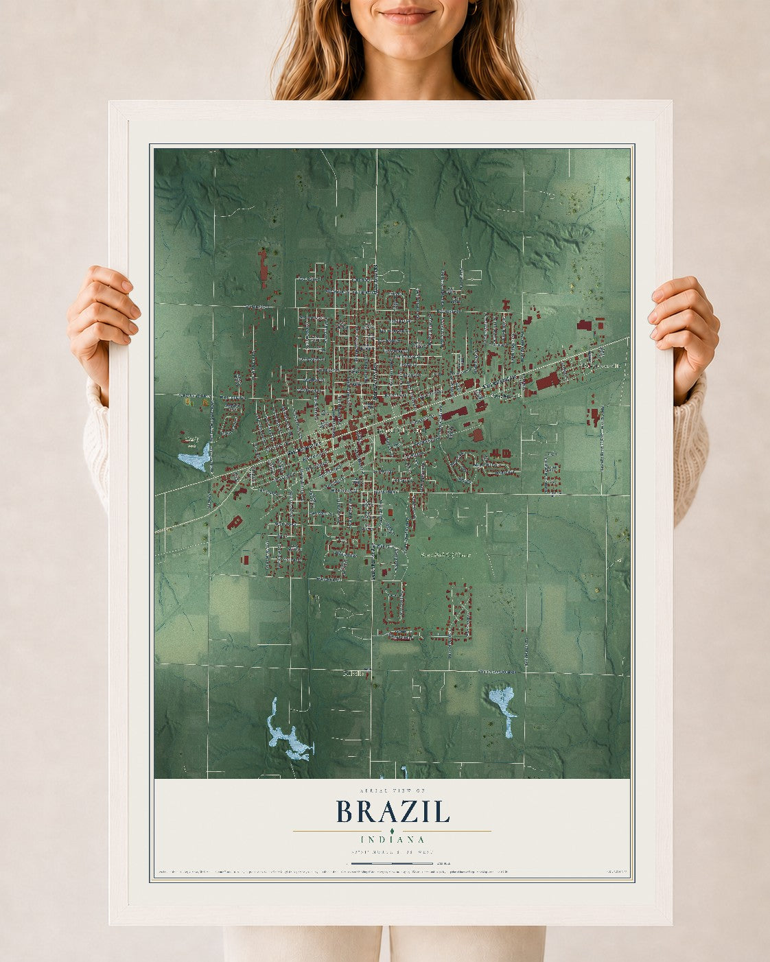 Map of Brazil, Indiana, 24 x 36 inch print in a white wood frame