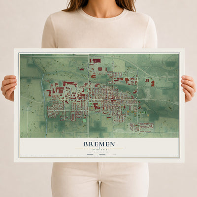 Map of Bremen, Indiana, 12 x 18 inch unframed archival matte print