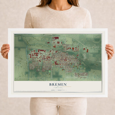Map of Bremen, Indiana, 12 x 18 inch print in a white wood frame