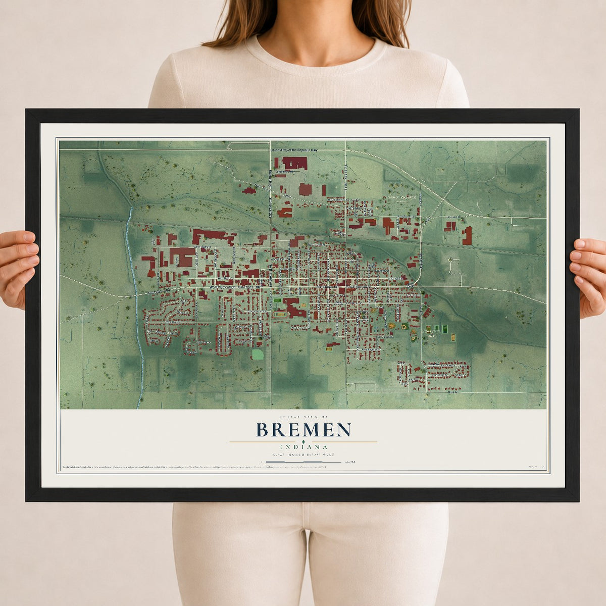 Map of Bremen, Indiana, 18 x 24 inch print in a black wood frame