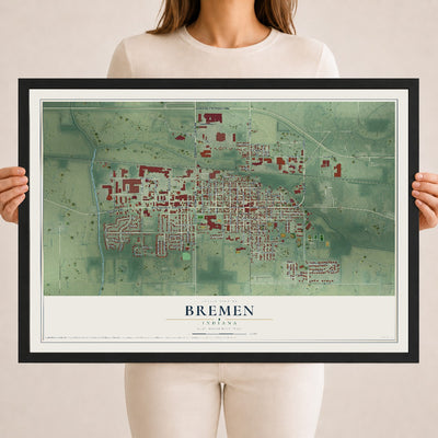 Map of Bremen, Indiana, 18 x 24 inch print in a black wood frame