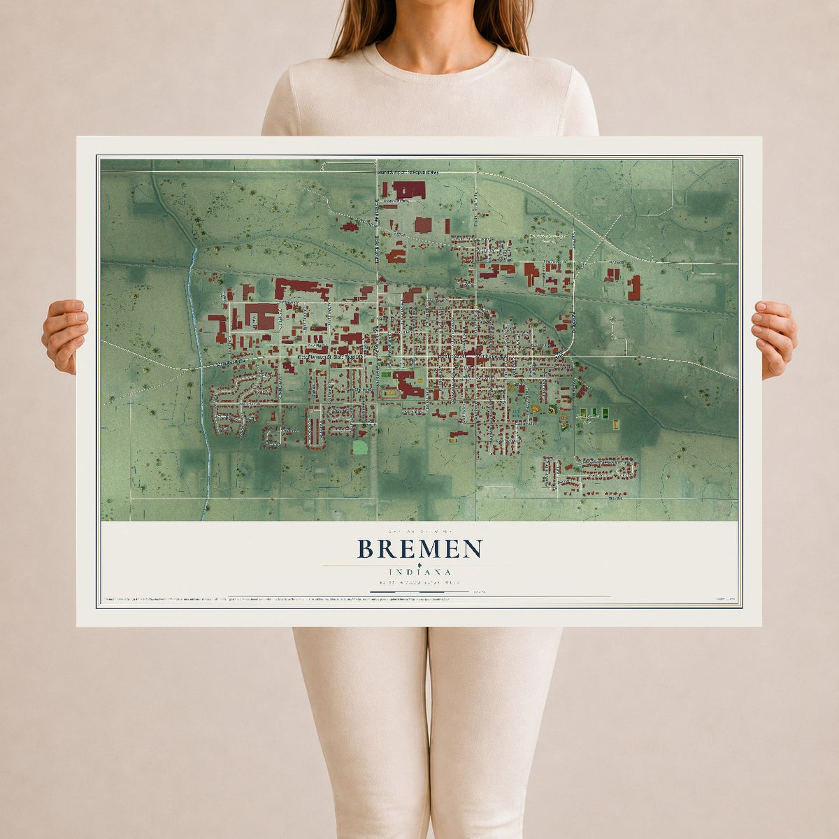 Map of Bremen, Indiana, 24 x 36 inch unframed archival matte print