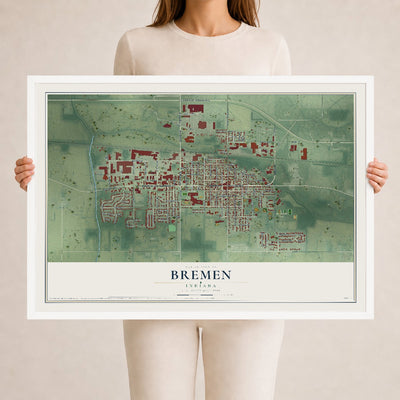 Map of Bremen, Indiana, 24 x 36 inch print in a white wood frame