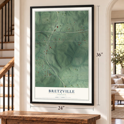 Bretzville, Indiana map, 24 x 36 inch print in a black frame by a staircase