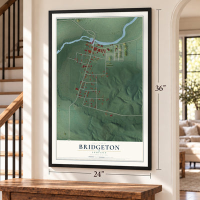 Bridgeton, Indiana map, 24 x 36 inch print in a black frame by a staircase
