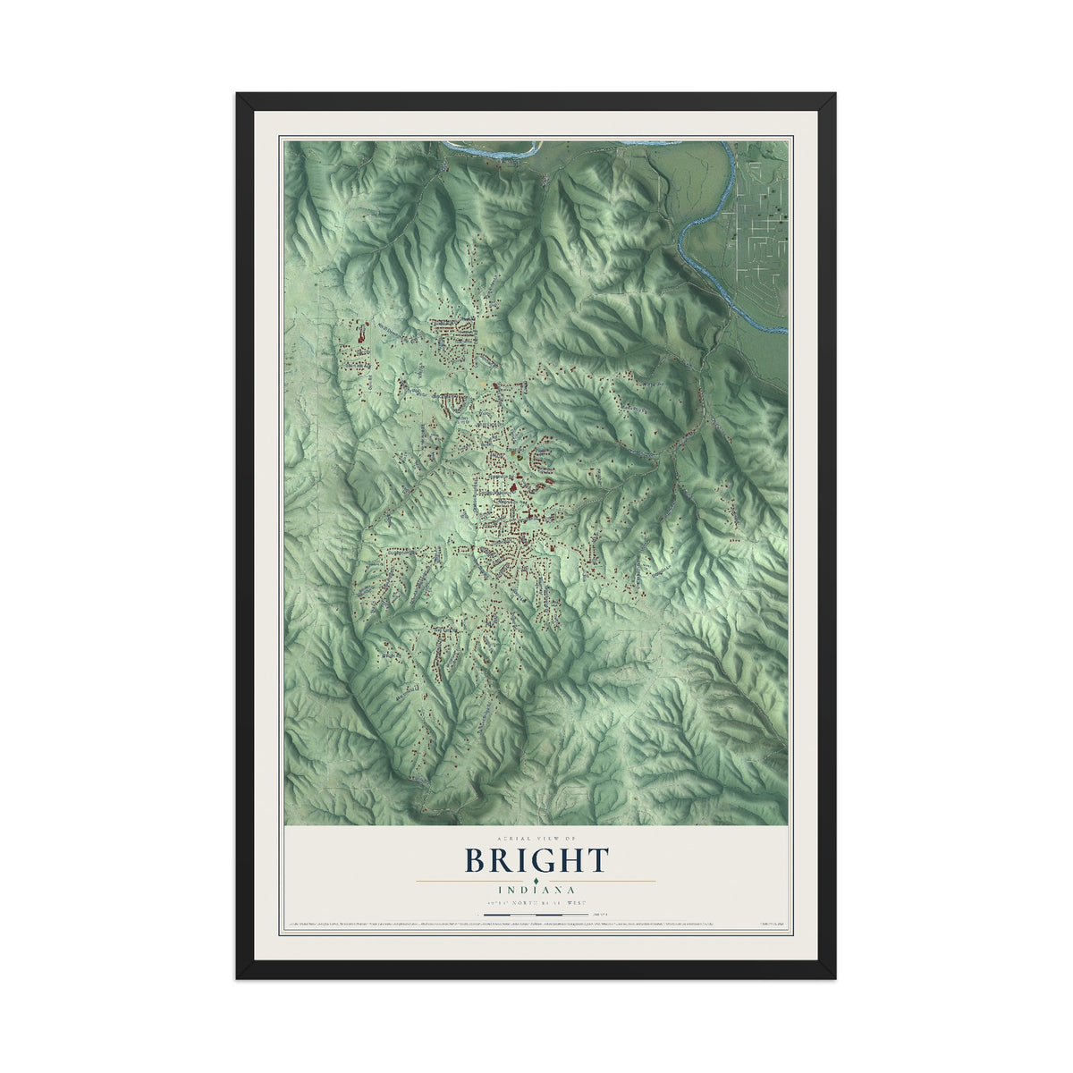 Map of Bright, Indiana, 12 x 18 inch print in a black wood frame
