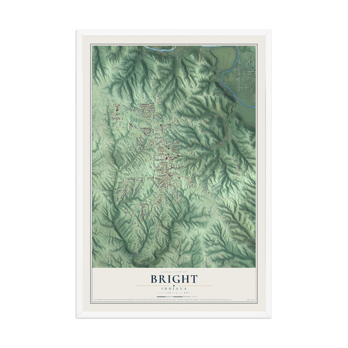 Map of Bright, Indiana, 12 x 18 inch print in a white wood frame