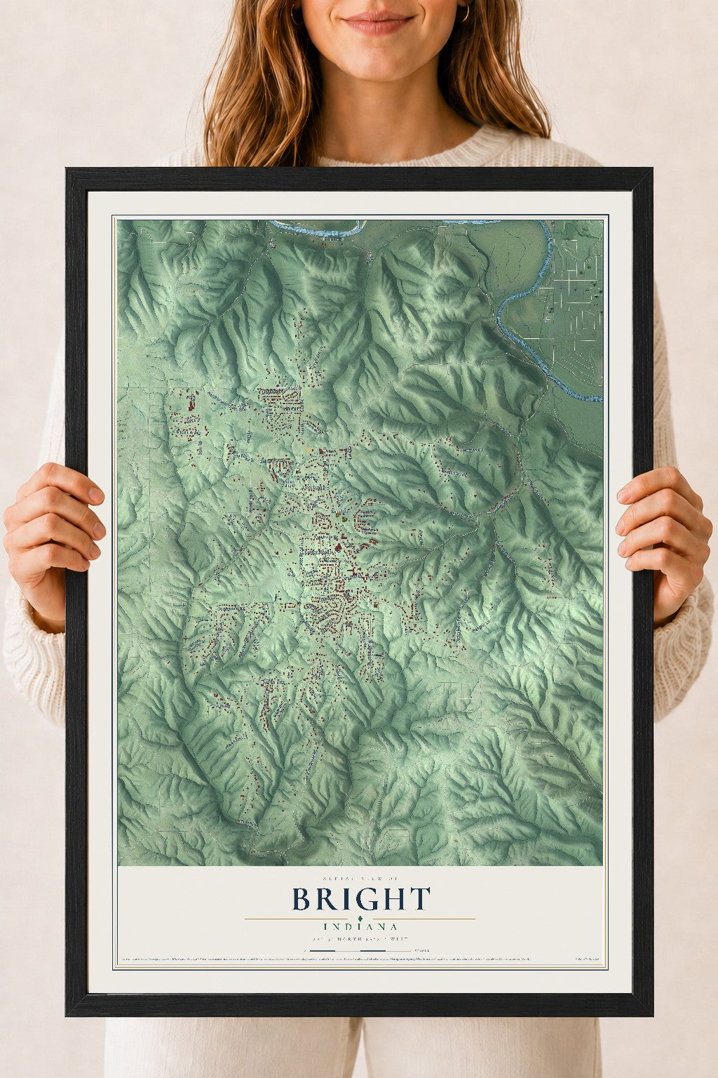 Map of Bright, Indiana, 18 x 24 inch print in a black wood frame
