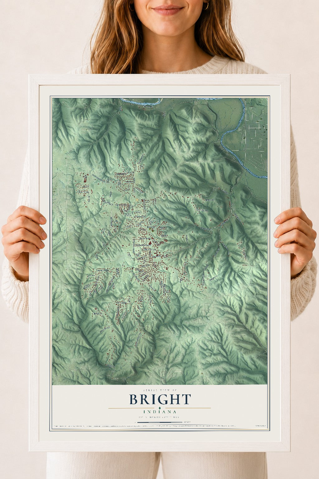 Map of Bright, Indiana, 18 x 24 inch print in a white wood frame