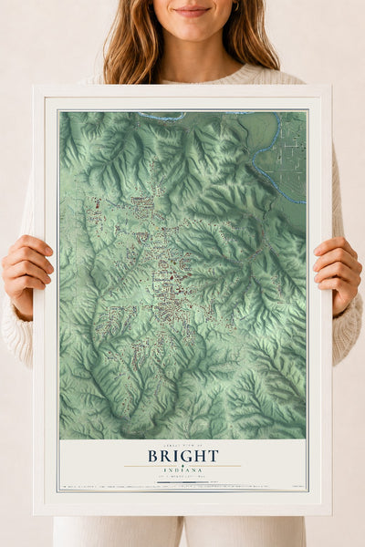 Map of Bright, Indiana, 18 x 24 inch print in a white wood frame