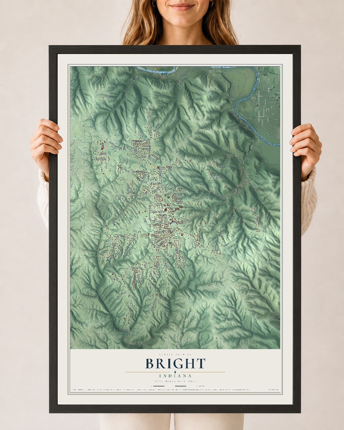 Map of Bright, Indiana, 24 x 36 inch print in a black wood frame