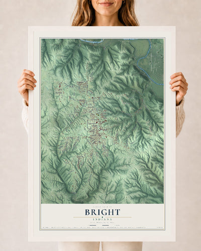 Map of Bright, Indiana, 24 x 36 inch print in a white wood frame
