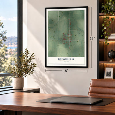 Bringhurst, Indiana map, 18 x 24 inch print in a black frame in a home office