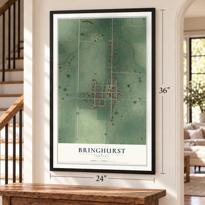 Bringhurst, Indiana map, 24 x 36 inch print in a black frame by a staircase