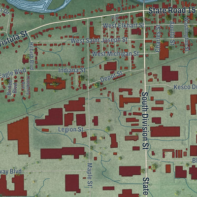 Close-up of the map of Bristol, Indiana print showing street and building detail