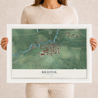 Map of Bristol, Indiana, 12 x 18 inch print in a white wood frame