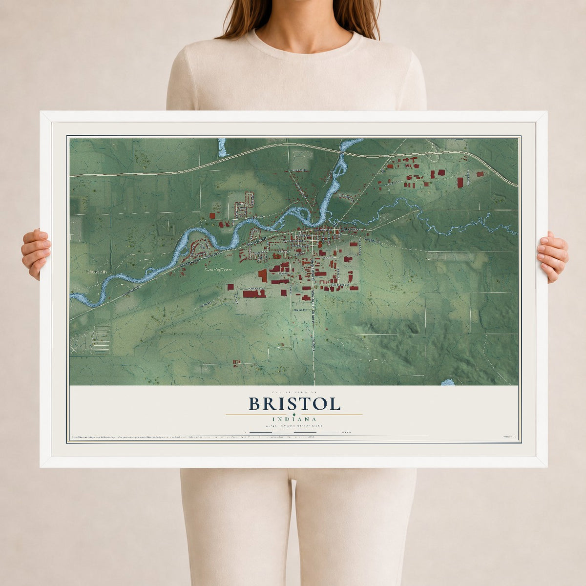 Map of Bristol, Indiana, 24 x 36 inch print in a white wood frame
