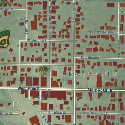 Close-up of the map of Brook, Indiana print showing street and building detail