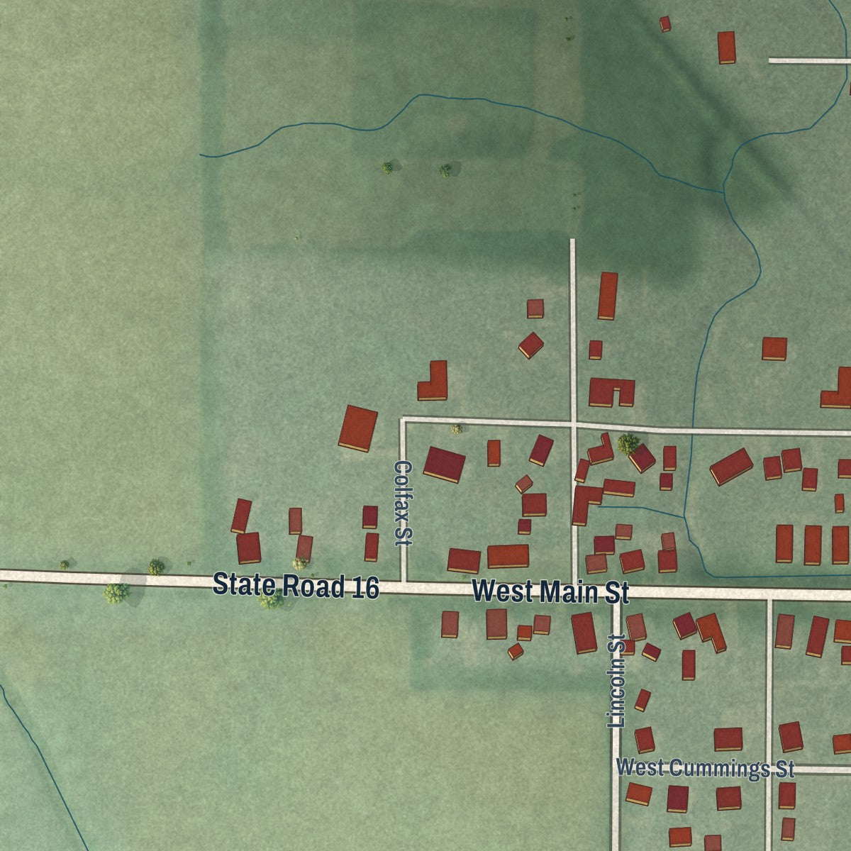 Second close-up of the map of Brook, Indiana print showing more streets and buildings