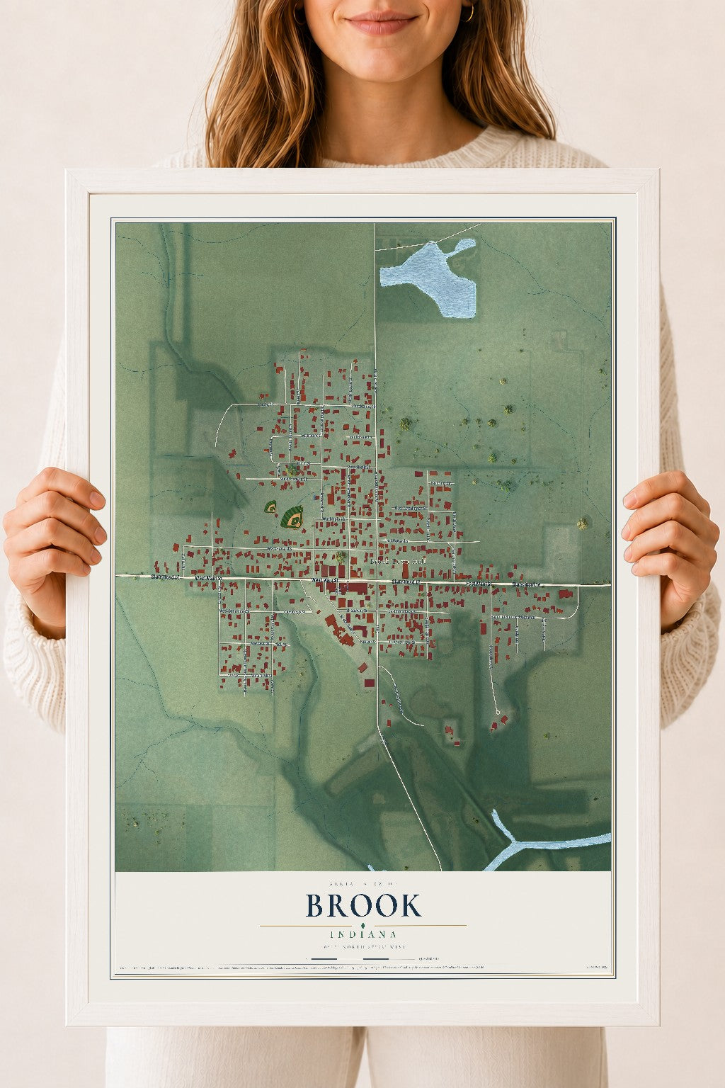 Map of Brook, Indiana, 18 x 24 inch print in a white wood frame