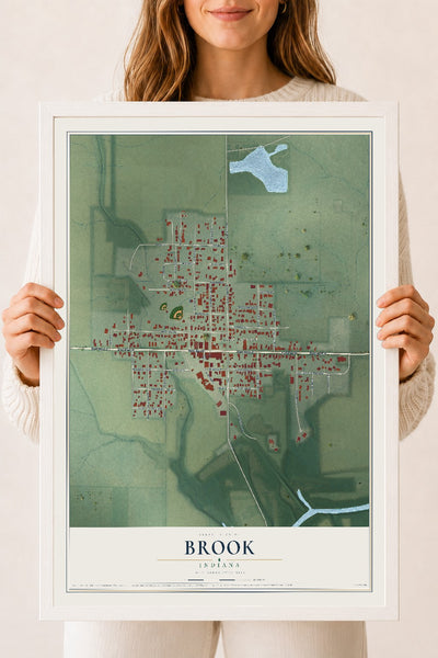 Map of Brook, Indiana, 18 x 24 inch print in a white wood frame
