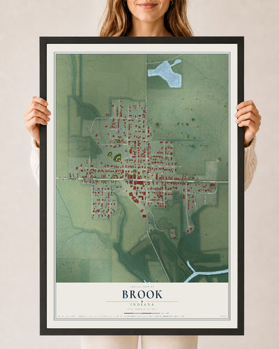 Map of Brook, Indiana, 24 x 36 inch print in a black wood frame