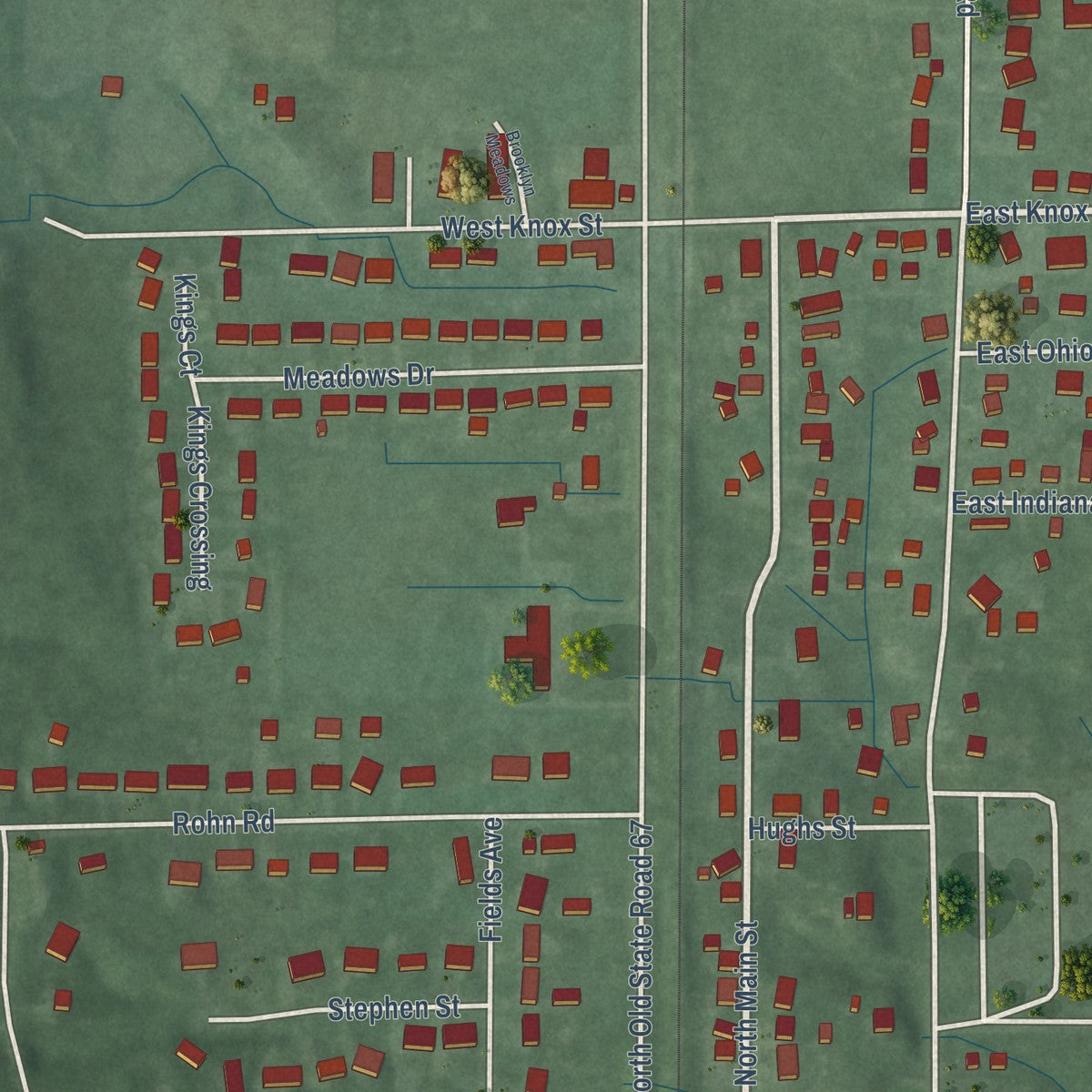 Second close-up of the map of Brooklyn, Indiana print showing more streets and buildings