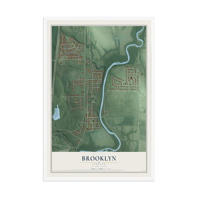 Map of Brooklyn, Indiana, 12 x 18 inch print in a white wood frame