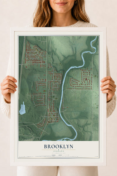 Map of Brooklyn, Indiana, 18 x 24 inch print in a white wood frame