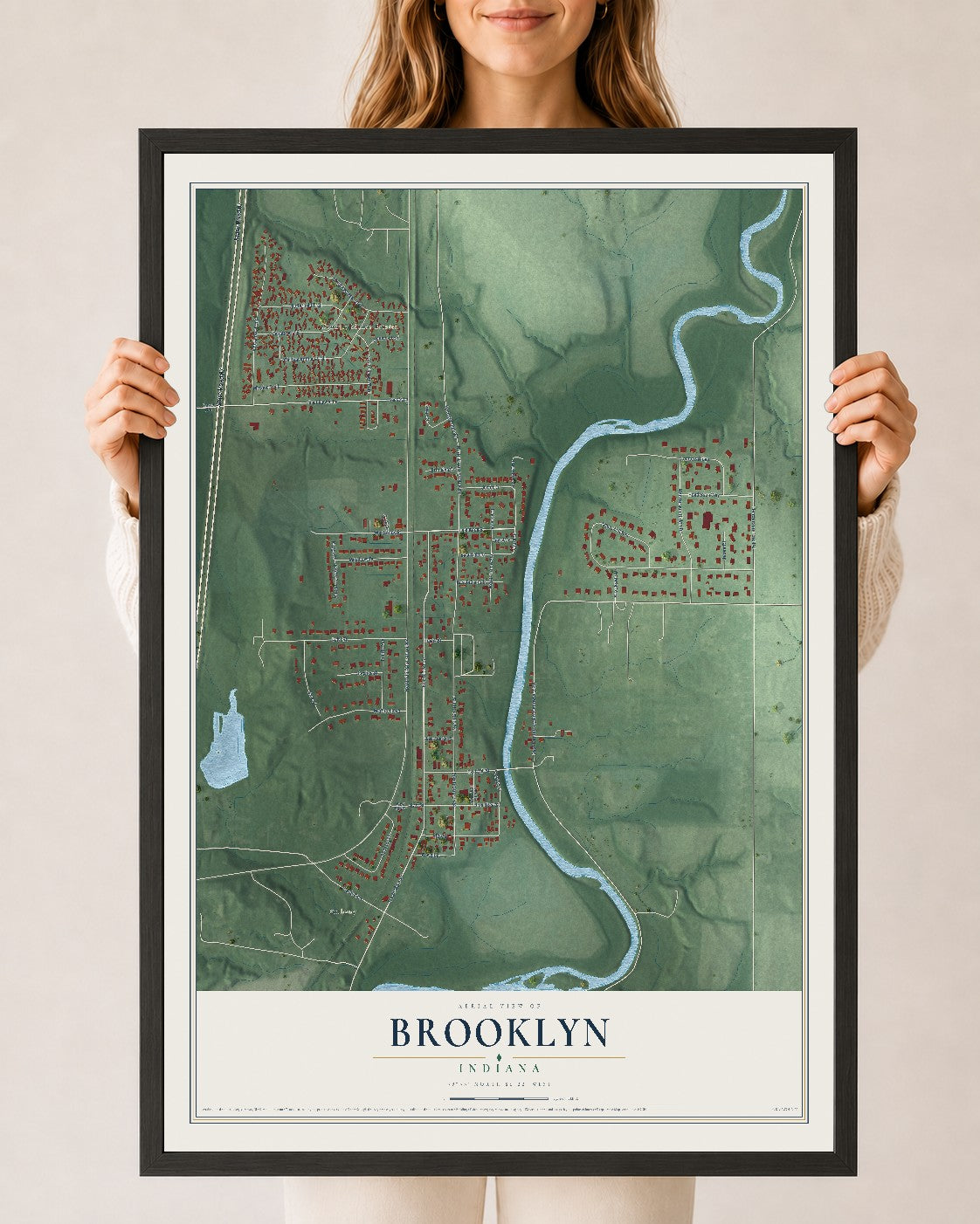 Map of Brooklyn, Indiana, 24 x 36 inch print in a black wood frame