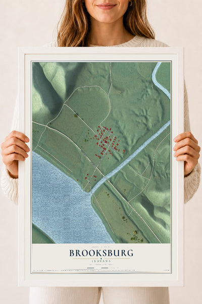 Map of Brooksburg, Indiana, 18 x 24 inch print in a white wood frame