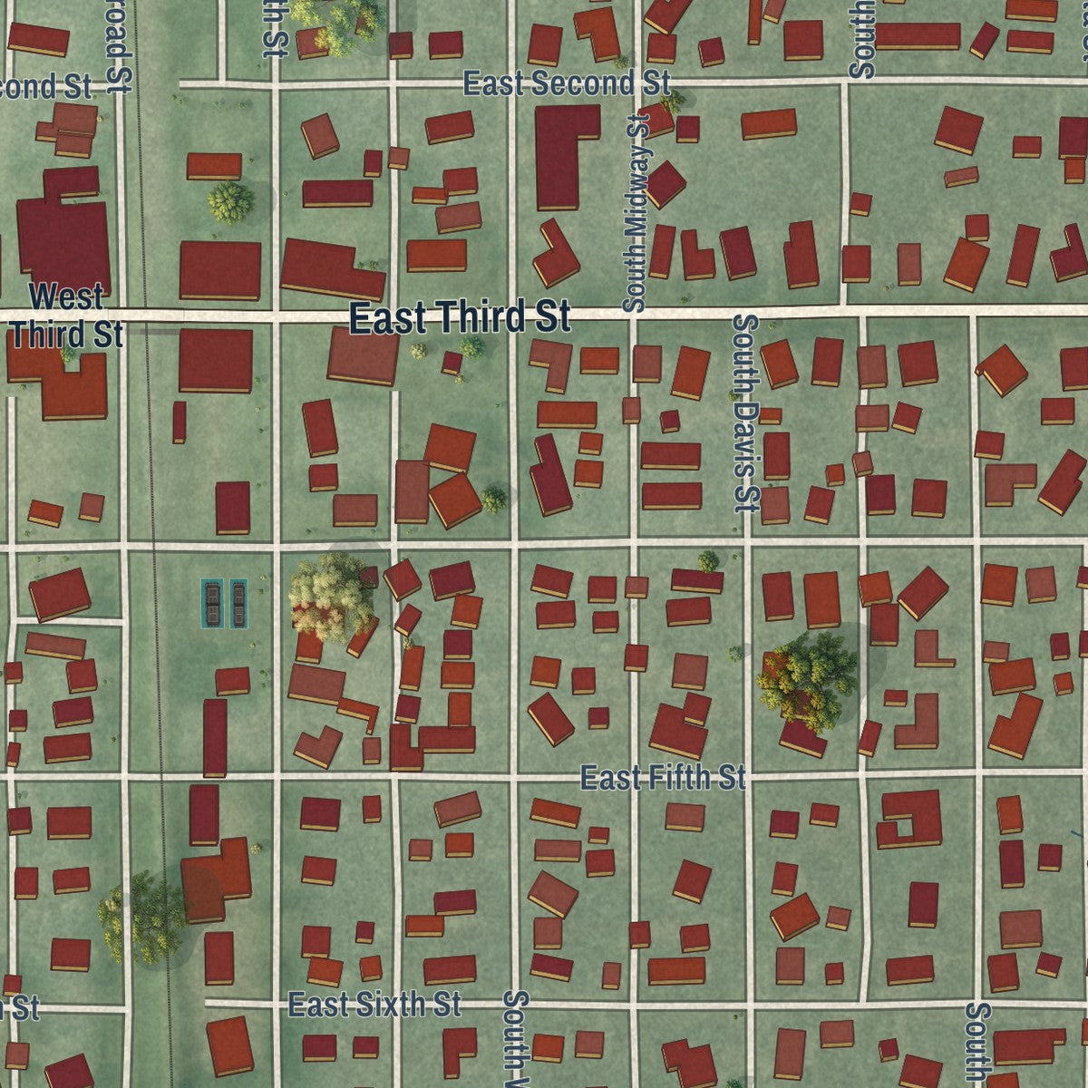 Close-up of the map of Brookston, Indiana print showing street and building detail