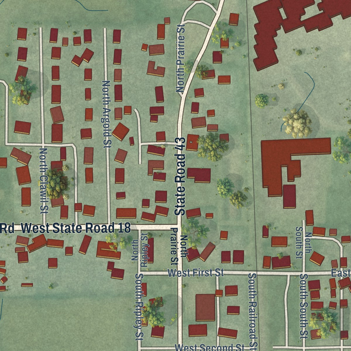 Second close-up of the map of Brookston, Indiana print showing more streets and buildings