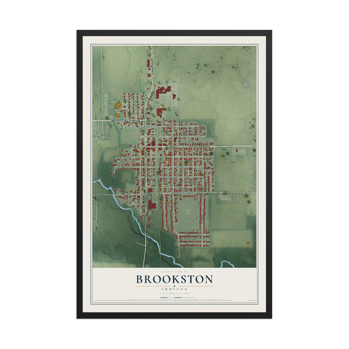 Map of Brookston, Indiana, 12 x 18 inch print in a black wood frame