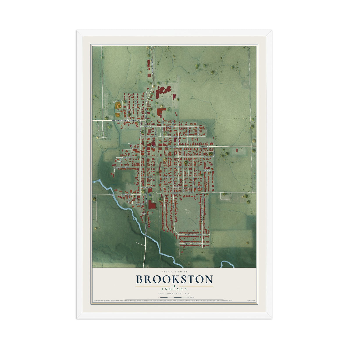 Map of Brookston, Indiana, 12 x 18 inch print in a white wood frame
