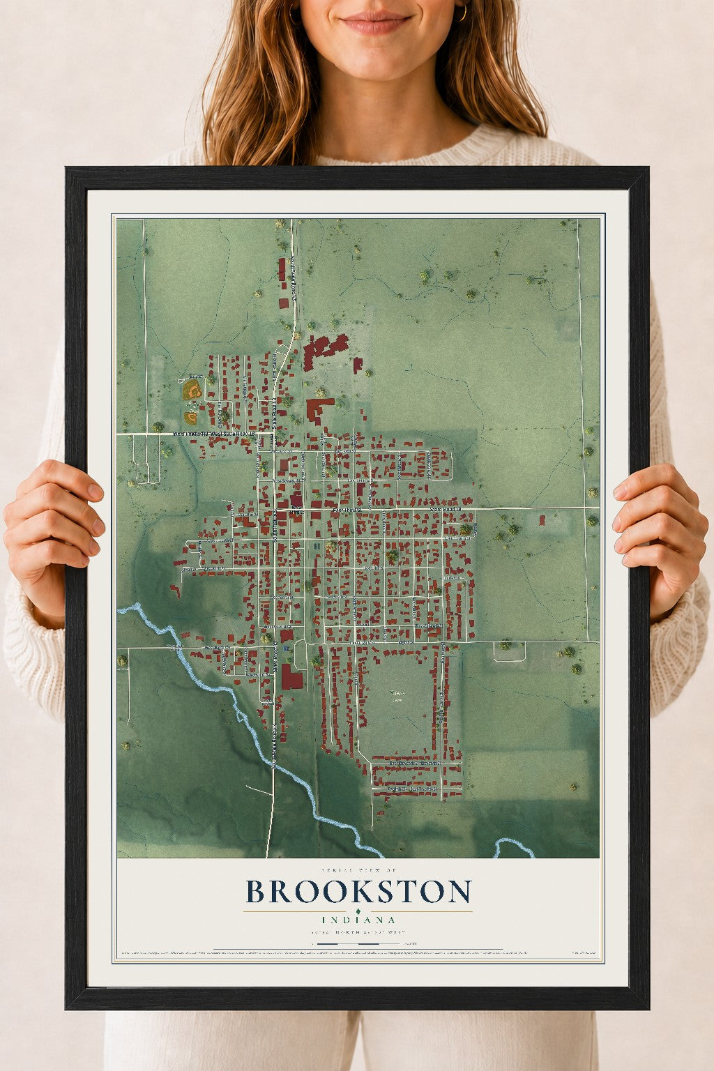 Map of Brookston, Indiana, 18 x 24 inch print in a black wood frame